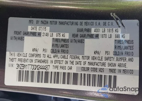 2016 Mazda Mazda3 I Sport из США, поврежденный, VIN 3MZBM1T70GM244487